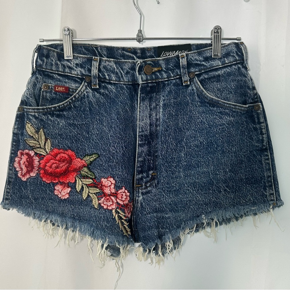 VINTAGE LEE LOVEMADE UPCYCLED Embroidered Rose Cut Off Jean Shorts